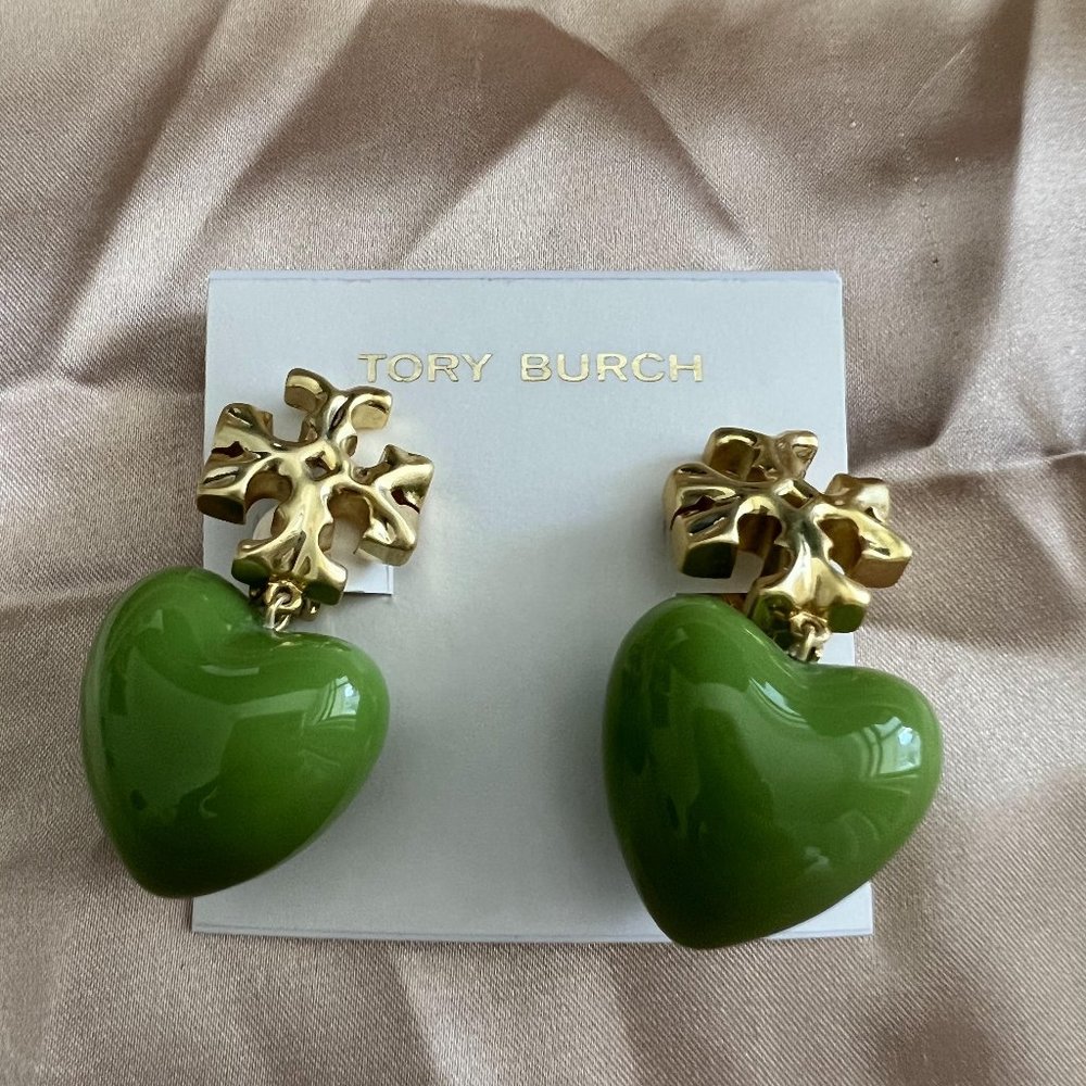 Tory Burch Gold Kira Exaggerated Green Apple Heart Drop Dangle Earrings
